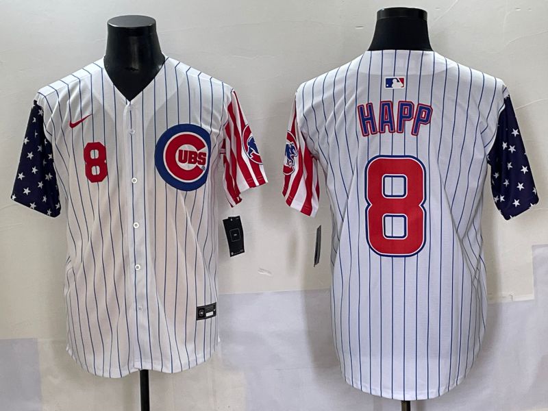 Men 2025 Chicago Cubs #8 Happ White Stripe a generation of national flags Joint Name Nike MLB Jersey style 3